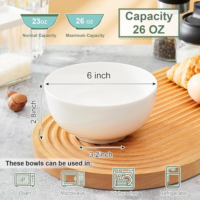 AntoKueh White Ceramic Bowls 6 in, 26Oz round Large Cereal Bowl set of 6, Deep Porcelain Bowls for Cereal, Salad, Noodles, Dishwasher/Microwave safe
