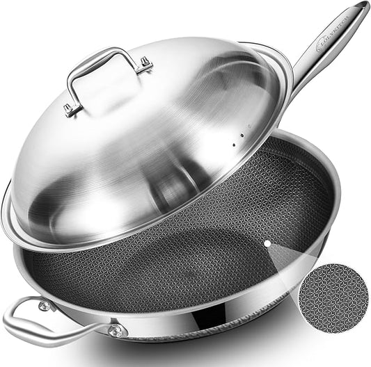 LOLYKITCH 14.5 Inch Nonstick Tri-Ply Stainless Steel Wok with Steel Lid, Large Flat Bottom Stir Fry Pan for Induction, Gas & Electric - PFOA Free, Dishwasher & Oven Safe, Detachable Handle