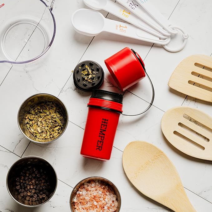 Hemper Keeper 3?멼n?? Herb Grinder with Dual Storage Container - Smell?멠roof, Airtight & Water?멢esistant - Built?멗n Removable Grinder, Dual Compartments for Flower & Ground - (Red & Black)