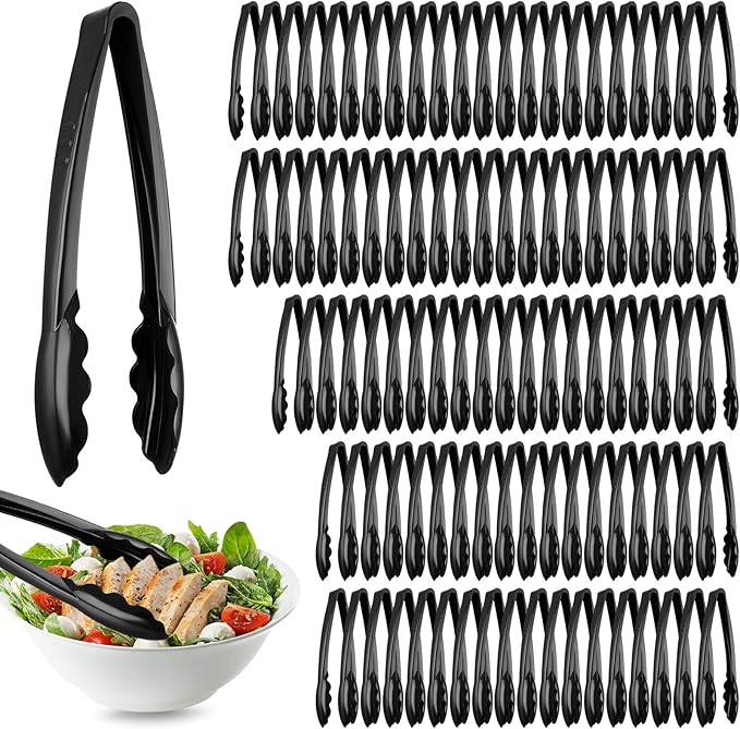Tessco for you 100 Pcs Plastic Tongs for Serving Bulk, 9 Inch Plastic Disposable Serving Tongs Heavy Duty Salad Utensils for Kitchen Buffets BBQ Events Catering (Black)