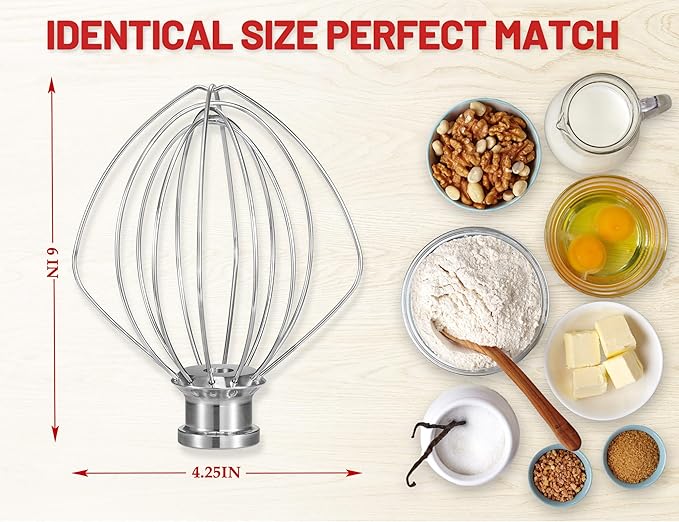 NewlyArt K45WW Dishwasher Safe Whisk 6-Wire Whip Attachment Fits 4.5 5 Quart KitchenAid Tilt-Head Stand Mixer, Stainless Steel Whisk Accessories for Kitchen Aid K45,K45SS,KSM75,KSM90,KSM110,KSM150