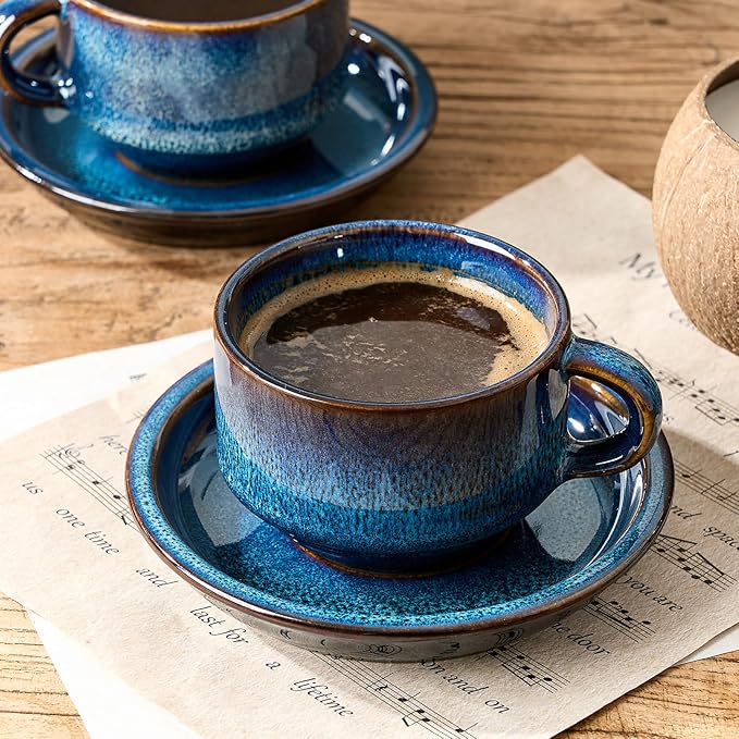JIEMEI HOME Porcelain Stackable Cappuccino Cups with Saucers and Metal Stand, 7 Ounce Espresso Cups for Latte Coffee Cafe, Specialty Coffee Drinks, Cappuccino and Tea - Set of 4, Deep Blue