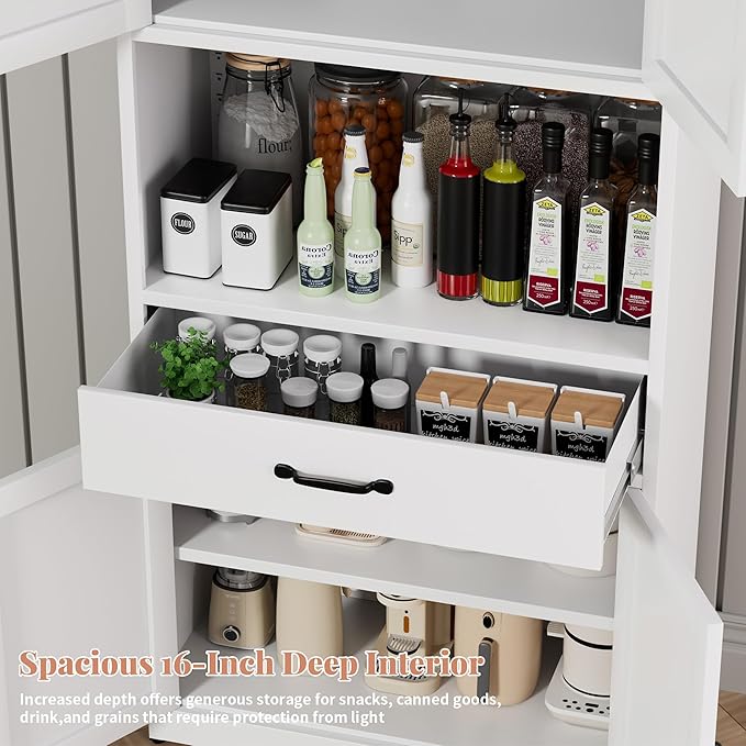 72" Tall White Steel Kitchen Pantry Storage Cabinet with Large Countertop and Adjustable Shelves, Metal Farmhouse Cabinets for Living Room, Bathroom, Heavy Duty Rustic Pantry