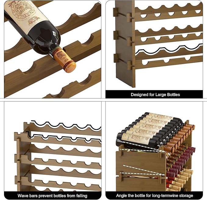 Wine Rack Freestanding Floor Bamboo Stackable Wine Storage Racks Wall Mounted, Modular Wine Bottle Stand Holder Display Shelf for Cabinet, Kitchen, Bar (Walnut)
