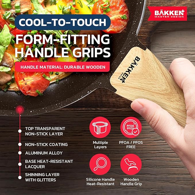 Bakken Master 20 Piece Cookware Set - Pots and Pans with Handle Grips and Tempered Glass Lids, With 6-piece Bakeware Set, Nonstick Granite Coating, Ceramic Max Temperature (Up To 500째F), Brown Marble