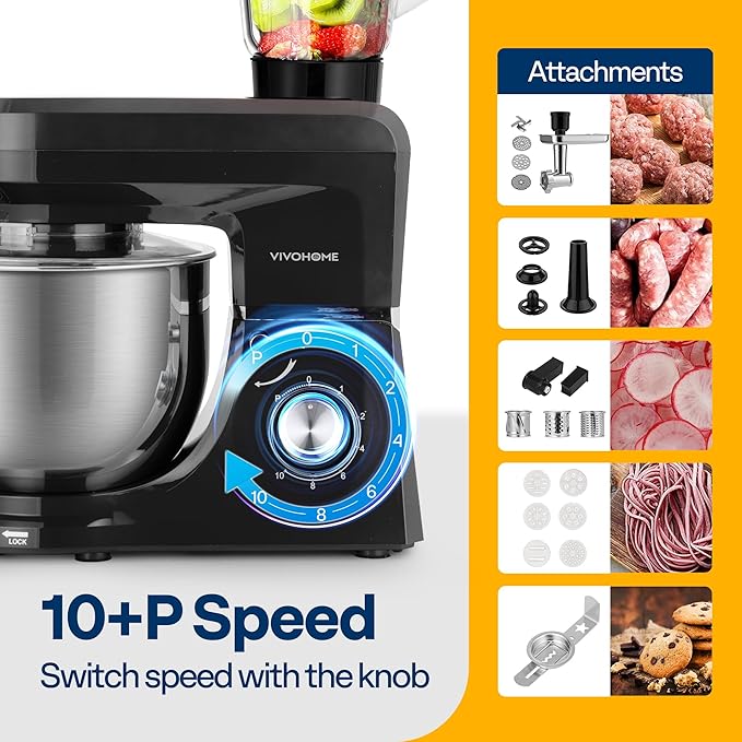 VIVOHOME 6-in-1 Stand Mixer, 8.5 Quart Electric Tilt-Head Kitchen Mixer with Bowl, Multifunctional Food Mixer for Cake, Bread, and Dough, with Meat Grinder, Blender, Pasta Maker Attachments, Black