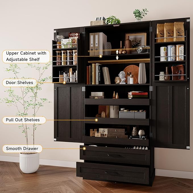 ONBRILL 71" Tall Farmhouse Kitchen Pantry Cabinet with 3 Pull Out Shelves & 2 Large Drawers, Pantry Storage Cabinet with 6 Door Shelf & Adjustable Shelf, Freestanding Cupboard for Kitchen, Dining Room