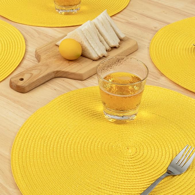 Winknowl Round Braided Placemats Set of 8 Washable Woven Heat Resistant Table Mats for Kitchen Dining Tables 15 inch Round Place Mats (Yellow,8pcs)