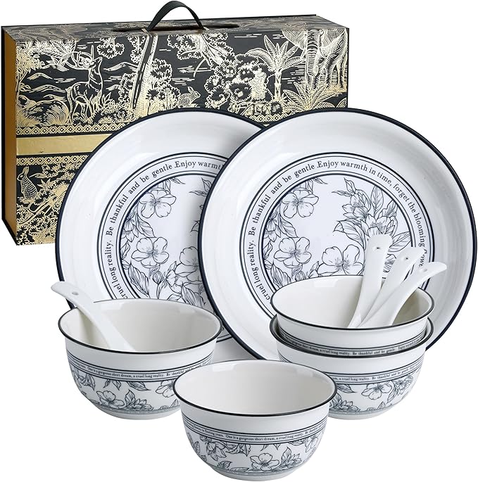 Floral Porcelain Dinnerware Sets for 2, 10-Piece Plates and Bowls Set,Microwave & Dishwasher Safe, Elegant Gift Packaging