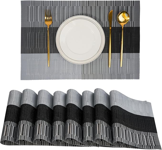 flohar Placemats Set of 8竊똍on-Slip PVC Weave Table Mats Easy to Clean竊똇eat Resistant Place Mats for Kitchen Dining Table Decoration Indoor Outdoor竊똁lack Gray