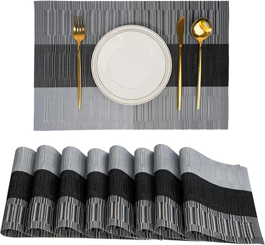 flohar Placemats Set of 8竊똍on-Slip PVC Weave Table Mats Easy to Clean竊똇eat Resistant Place Mats for Kitchen Dining Table Decoration Indoor Outdoor竊똁lack Gray