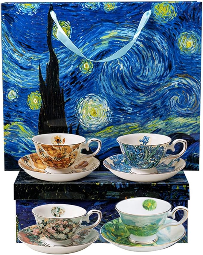 Van Gogh Bone China Set of 4 Cups and Saucers, Coffee Cup and Saucer Set With Gift Box, 7.4-Ounce Art Coffee Mugs Set - Perfect Birthday/Holiday/Wedding Gift