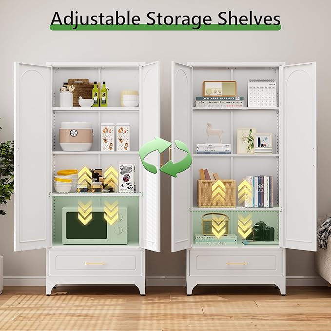 75??Kitchen Pantry Storage Cabinet,Metal Tall Storage Cabinet with Drawers and Adjustable Shelves,Modern Kitchen Hutch Cabinet,Freestanding Cupboard for Dining Room