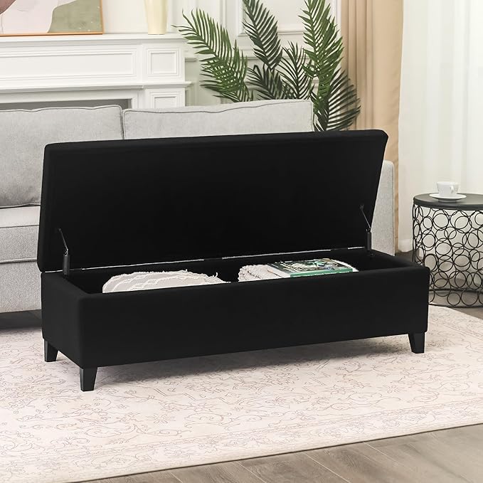 DECO DE VILLE Ottoman with Storage, 51 Inch End of Bed Storage Ottoman Bench, Linen Fabric Upholstered Ottomans with Hinged Lid, Rectangle Long Foot Rest Bench for Entryway Living Room Bedroom Black
