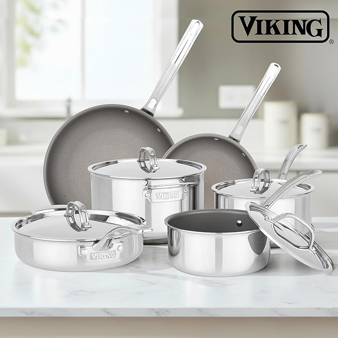 Viking PureGlide Pro 3-Ply Nonstick Cookware Set, Made without PFAS, 10-Piece Induction Pots and Pans Set, Metal Utensil Safe Titanium Nonstick Surface, Oven Safe to 600F