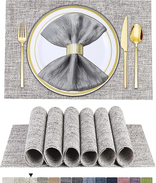 BETEAM Placemats Set of 6, Woven Vinyl Placemat for Dining Table Washable Wipeable Kitchen Place Mats Durable Indoor Outdoor Table Mats
