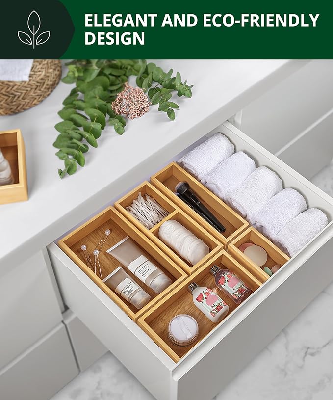 ROYAL CRAFT WOOD 5-Piece Bamboo Drawer Organizer Set ??Multi-Use Storage Trays for Kitchen, Bathroom, Office, Makeup, Jewelry & More ??Junk Drawer Tray, Utensil Holder, Storage Box & Bin Set (5 Boxes)
