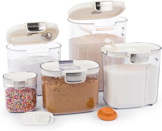 ProKeeper+ Airtight Food Storage Container Set ??Clear Plastic Flour and Sugar Canister Set with Magnetic Accessories for Kitchen Organization (White, 9-Piece)