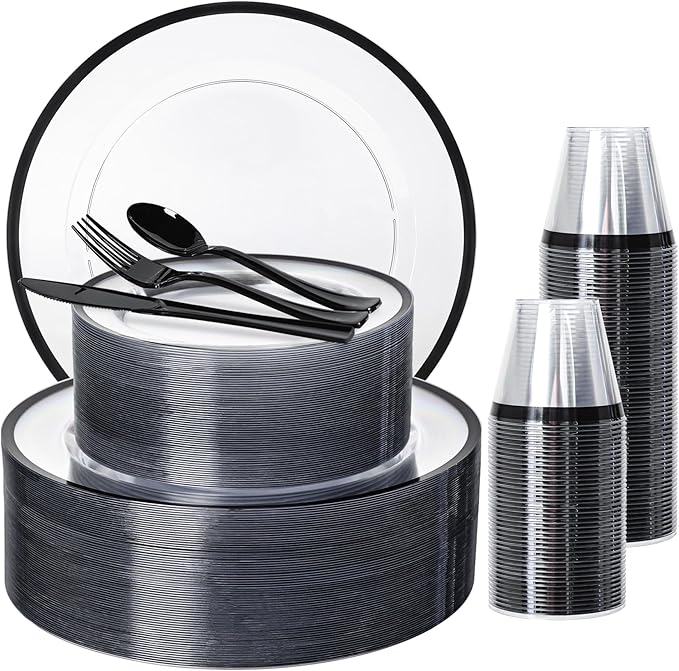 N9R 600PCS Clear and Black Disposable Plates Set, Heavy Duty Plastic Dinnerware Set for 100 Guests Includes 100 Dinner & Dessert Plates, Cups, Spoons, Forks, and Knives, Perfect for Parties, Weddings