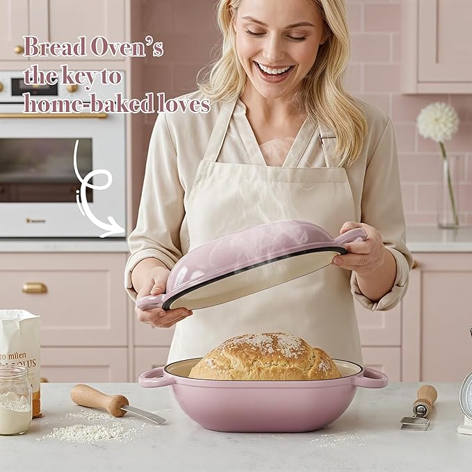 3 QT Oval Dutch Oven for Bread Baking, Enamelled Cast Iron Bread Oven for Sourdough, Sourdough Loaf Pan with Lid, Heavy-Duty Non Stick Bread Pan for Homemade Bread Baking, Pink