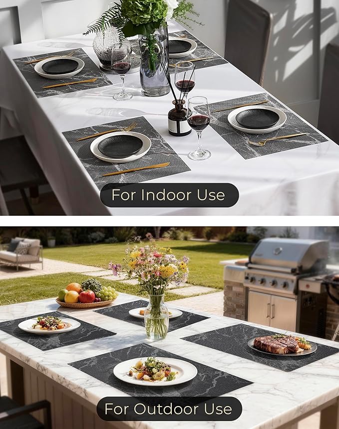 Leetaltree Reversible Marble Placemats Set of 6 - Ships Flat and Stays Flat, Durable Washable Vinyl PVC Placemats, Heat Resistant, Easy Wipe Clean (Black Marble Pattern)