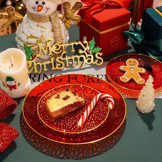 SUT 36Pcs Red Plastic Plates, Hammered Plates Disposable Heavy Duty, Red Disposable Plates With Gold Rim, Fancy Plastic plates Include 18 Dinner plate and 18 Dessert plate for Wedding