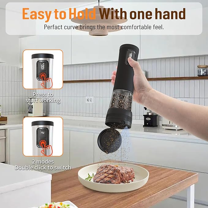 Electric Salt and Pepper Grinder Set With Battery Display Rechargeable Base, External Adjustable Coarseness, Automatic Ceramic Salt & Pepper Shakers Mills(Black Pro)