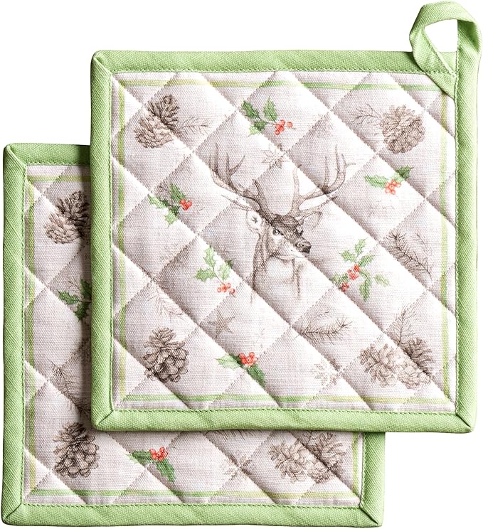 Maison d' Hermine Pot Holders Set 100% Cotton Heat Resistant Potholders 8" x 8" Hot Pads with Loop for Thanksgiving Christmas Decorations BBQ Baking Handling Hot Pans (Pack of 2, Christmas Dew)