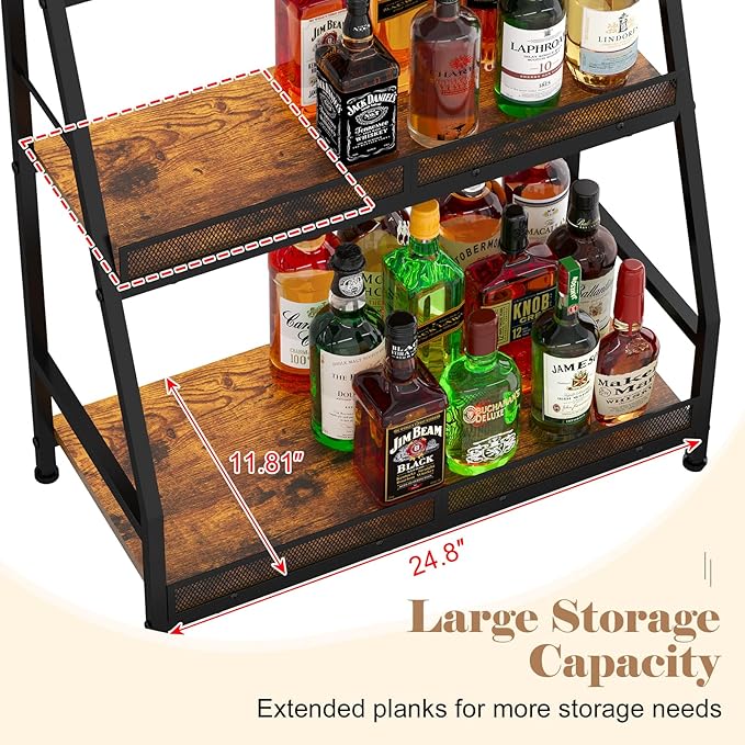 3-Tier (Safe Height for Kids & Pets) Expanded Liquor Stand, Trapezoid Wine Rack Freestanding Floor, Large-Capacity Bar Stand for Liquor Whiskey Wine Storage, Vintage Liquor Cabinet Bar for Home