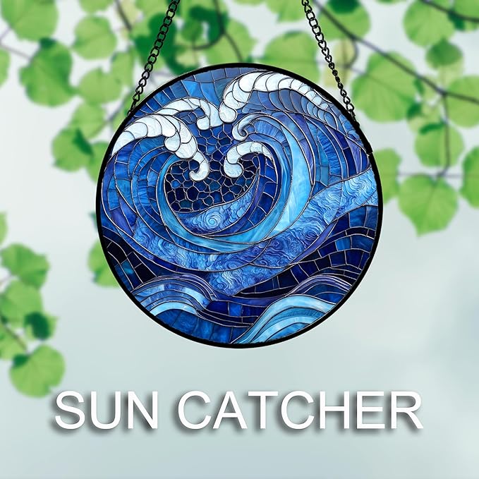 Stained Glass Window Hanging 4 Pcs Set Blue Ocean Waves 7.8" - Starfish Crab Seal Suncatcher Door Garden Sun Catcher Decor Birthday for Mom Woman Nana Men Friend