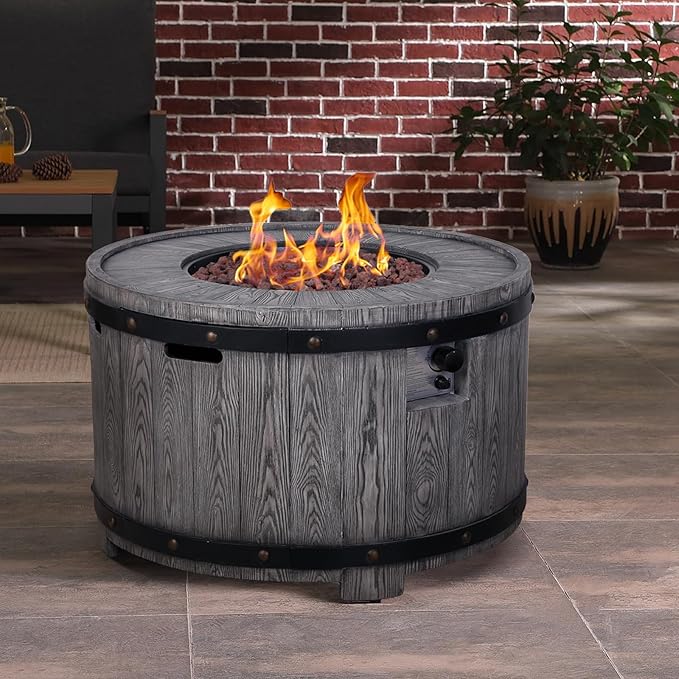 Afterglow Outdoor 36" Round TerraFdab Propane Fire Pit Table for Outside Patio Backyard Garden, Firepit Table with Weather Cover and Lava Rocks(Gas Tank not Included)竊?0000 BTU, Wood Look(Grey)