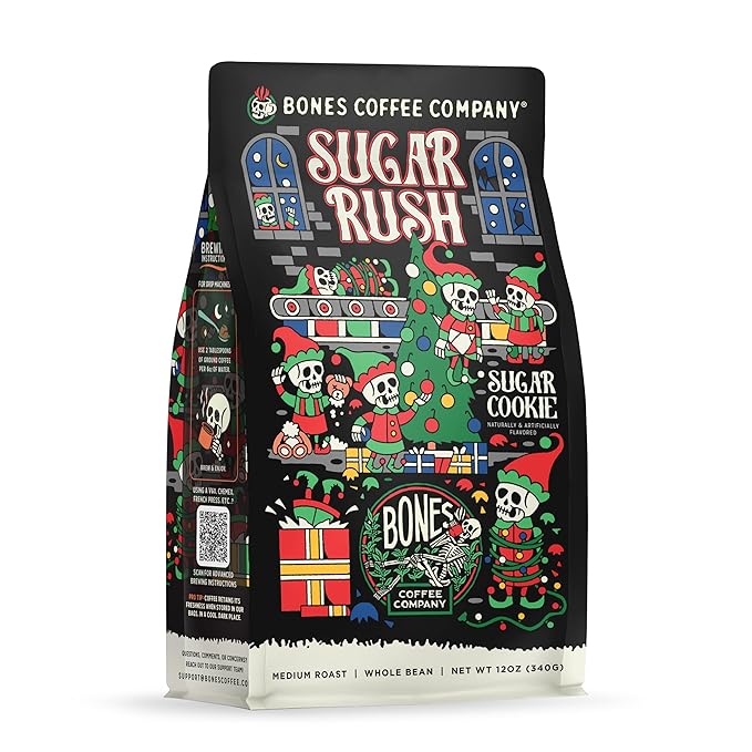 Bones Coffee Company Sugar Rush, Sugar Cookies Flavored Coffee, Medium Roast Low Acid Arabica Beans Compatible with Auto drip and French Press Coffee Maker, 12 Oz Whole Bean