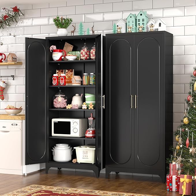 Pantry Cabinet, 75 Inch Tall Kitchen Storage Cabinet, Metal Pantry Cabinets with Doors and Adjustable Shelves, Black Freestanding Food Cupboard for Living, Dinning Room-Assembly Required