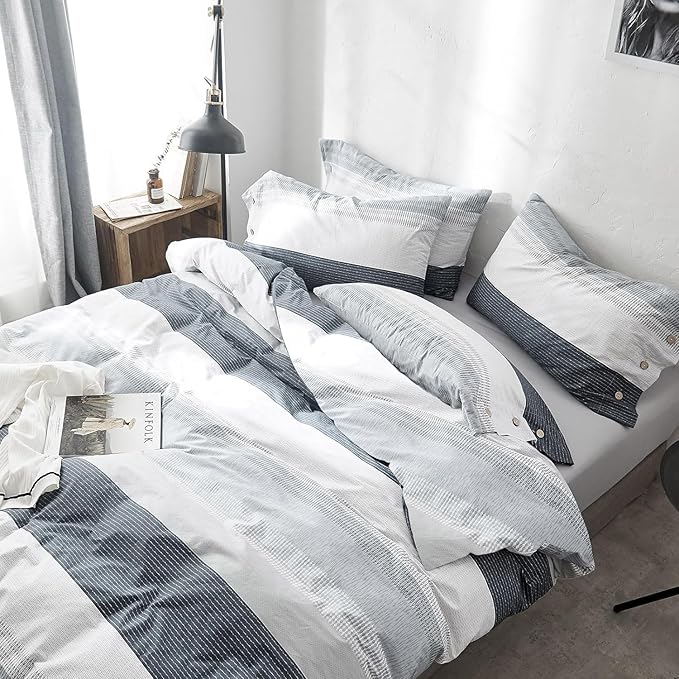 LifeTB Striped Comforter Set Twin XL Size, Modern Style Blue Grey Stripes Pattern Printed Bedding Set, 3 Pieces Lightweight Bedding Comforter Set, Stripe Soft Fluffy Bed Comforter with 2 Pillowcases