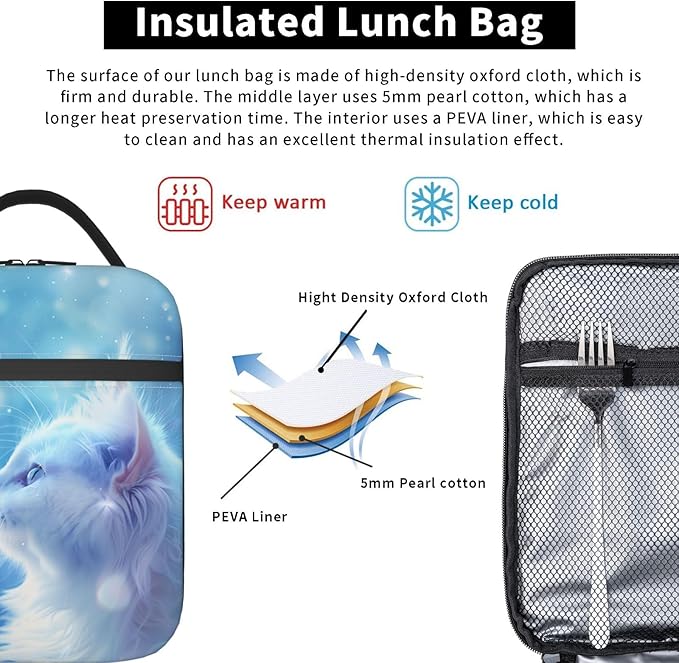VANZEV Insulated Lunch Box for Women Men, Cat Butterfly Theme Lunch Box Reusable Portable Lunch Bag Cooler Tote Waterproof Lunch Container for Office Picnic Work Travel
