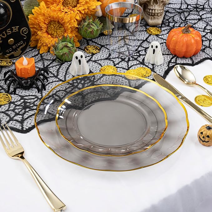 EI 150pcs Clear Black Dinnerware Set,Clear Black Fancy Plastic Plates with Gold Rimmed and Gold Plastic Silverware,Heavy Duty Party Plates Disposable for Afternoon Tea,Business Events,Hotel Banquets