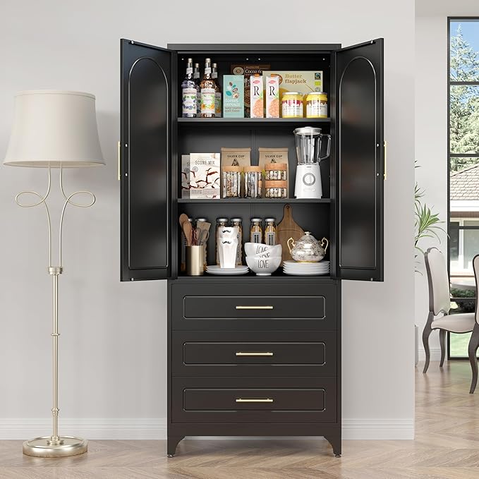 Metal Kitchen Pantry Storage Cabinet with 3 Drawers竊?5 Inch Black Food Pantry Cabinets for Kitchen Storage with 2 Adjustable Shelves,Tall Storage Cupboard for Living Room,Dining Room Office