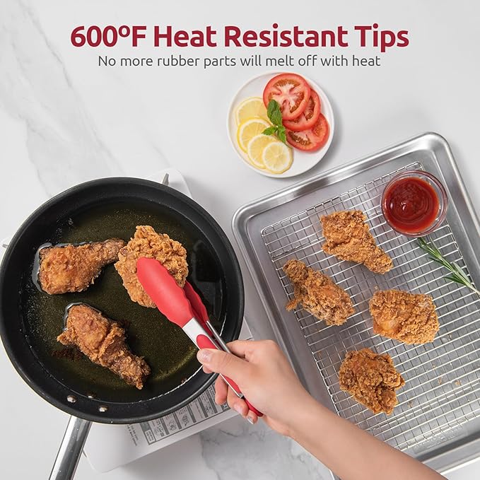 600쨘F Heat Resistant Kitchen Tong: U-Taste 7 inch Silicone Cooking Tong with Firm Sealed Non Stick Rubber Tips & Silicon Coated 18/8 Stainless Steel Handle & Smooth Locking for Serving Salad (Red)