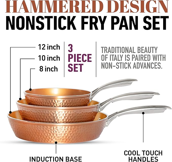 Gotham Steel Hammered Frying Pan Set, 3 Piece Nonstick Copper Fry Pans, 8?? 10??& 12??Skillet, Omelet Pan, Cookware, PFOA Free, Dishwasher Safe, Cool Touch Handle