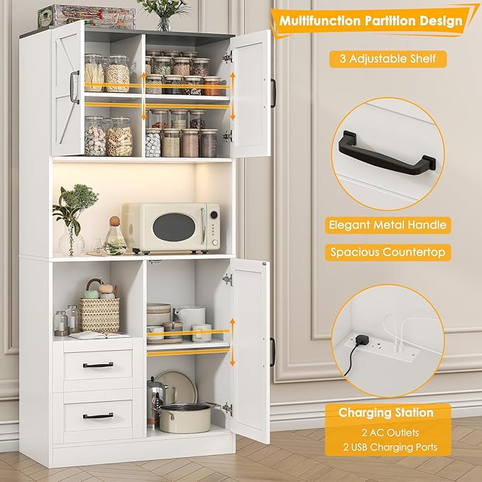 Kitchen Pantry Storage Cabinet with LED Lights and Power Strip, Tall Farmhouse Kitchen Pantry with Barn Doors and Drawers, Adjustable Shelves for Dining Living Room (White)