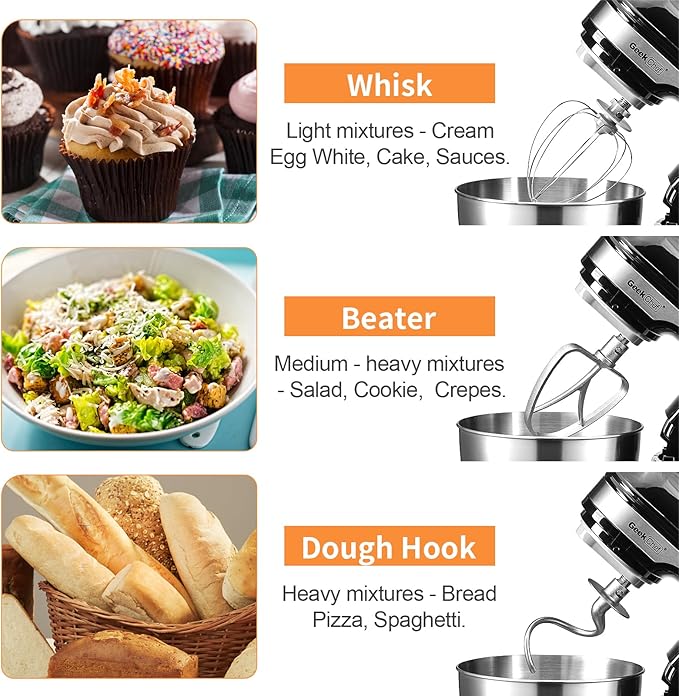Geek Chef Electric Stand Mixer, 4.8QT 12 Speeds Tilt-head Food Mixer with Dough Hook, Whisk, Beater, Bowl, Rotary Knob for Home Kitchen Use, Black