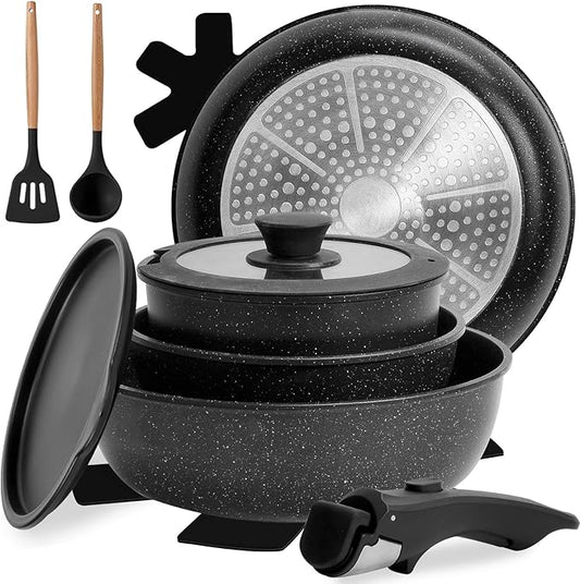 Numola 10 pcs Pots and Pan Set Non Stick with Detachable Handle, Ceramic Cookware Set for Stackable, Induction Kitchen Cookware Set for RV, Dishwasher 竊?Oven Safe, Black