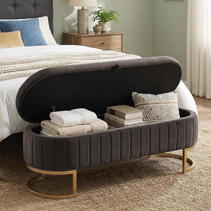 VIROL 65 Inch Storage Ottoman Bench Velvet End of Bed Storage Bench King Size Upholstered Tufted Bench Large Space for Bedroom Living Room Entryway Dark Grey