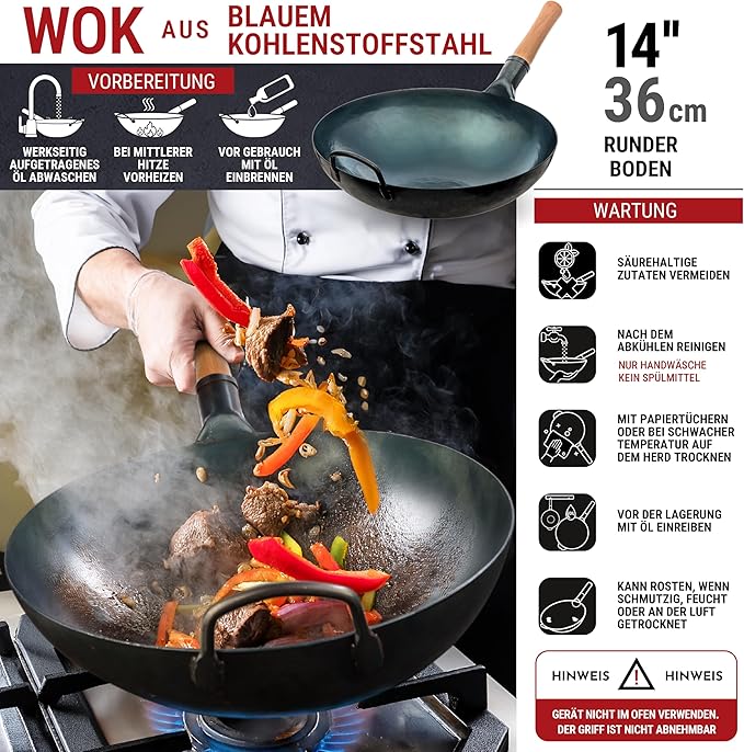 YOSUKATA Blue Round Bottom Wok Pan ??14" Stir Fry Pans Premium Wok Cover 14 inch - Wooden Lid