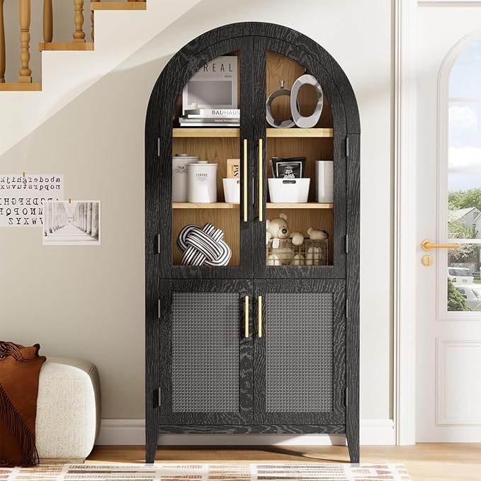 63??Arched Kitchen Pantry Cabinet ??5-Tier Modern Farmhouse Storage Cabinet w/Glass & Fluted Doors, Adjustable Shelves for Kitchen, Living Room, Entry, Office, Engineered Wood, Black
