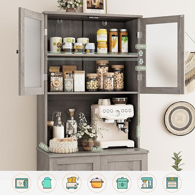 HOSTACK 71'' Pantry Cabinet, Tall Storage Cabinet with Microwave Stand, Freestanding Kitchen Hutch with Doors and Adjustable Shelves, Mordern Food Pantry for Kitchen, Dining Room, Ash Grey