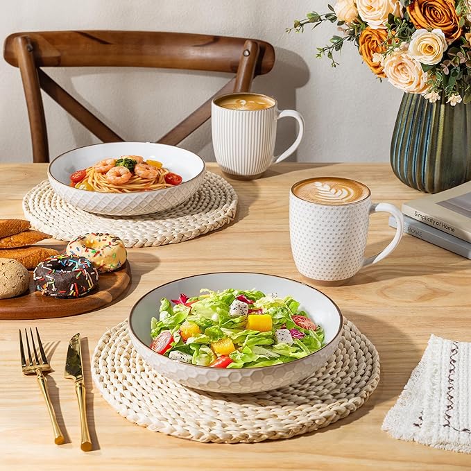 GBhome Large Coffee Mugs Set of 6, 16oz Handmade Embossed Coffee Mugs Set with Large Handle for Cappuccino/Latte/Tea/Hot Cocoa, Dishwasher & Microwave Safe, Off White