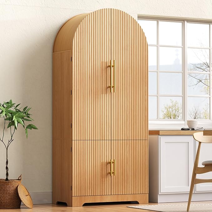 72" Tall Arched Kitchen Pantry Cabinet, Fluted Storage Cabinets with Hidden Drawer and 3 Adjustable Shelves, Cupboard with Door Shelves for Kitchen, Dining and Bathroom, Natural Wood