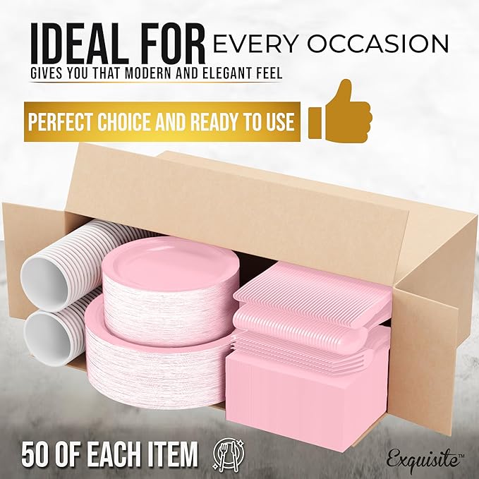 Exquisite 350 Pcs Pink Paper Plates For Party, Pink Disposable Plates Set, 50 Of Each 9" Dinner Plate Set, 7" Dessert Plate, Cups, Napkins & Cutlery Paper Dinnerware