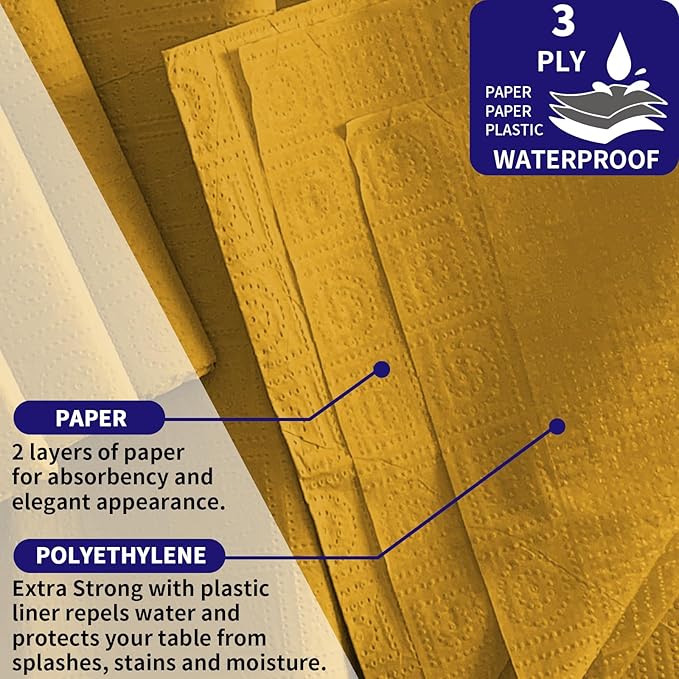 [6 Pack] Gold Paper Tablecloth Disposable for Rectangle Tables, 54 X 108 Inch Party Table Cover with Plastic Backing, Waterproof 3 Ply Table Cloth for Fall Thanksgiving Harvest